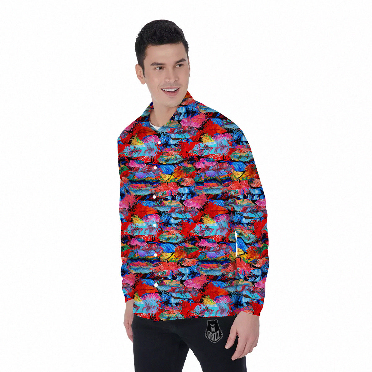 Abstract Feather Watercolor Boho Print Pattern Men's Long Sleeve Shirts-grizzshop