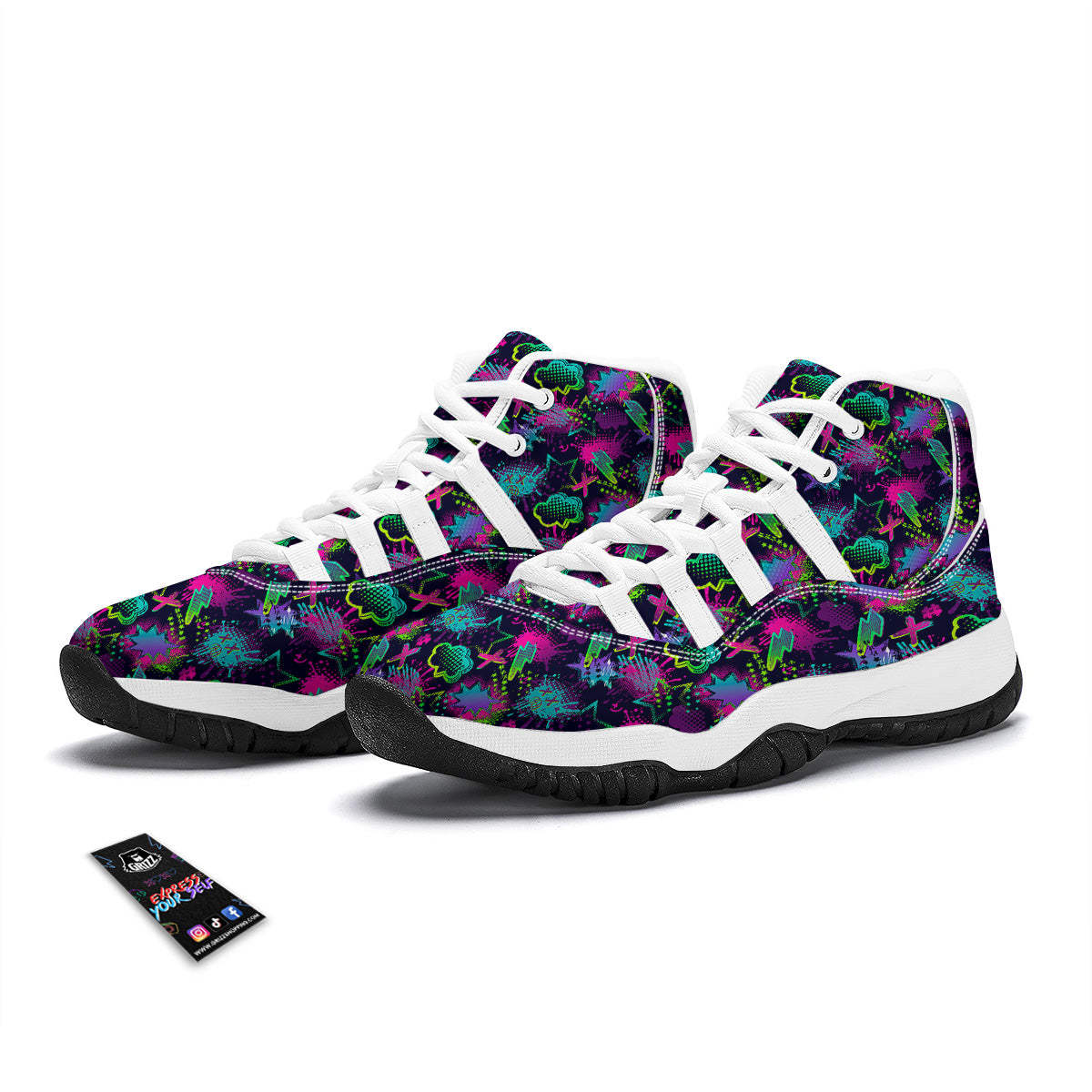 Abstract Graffiti Emoji Print Pattern White Bball Shoes-grizzshop