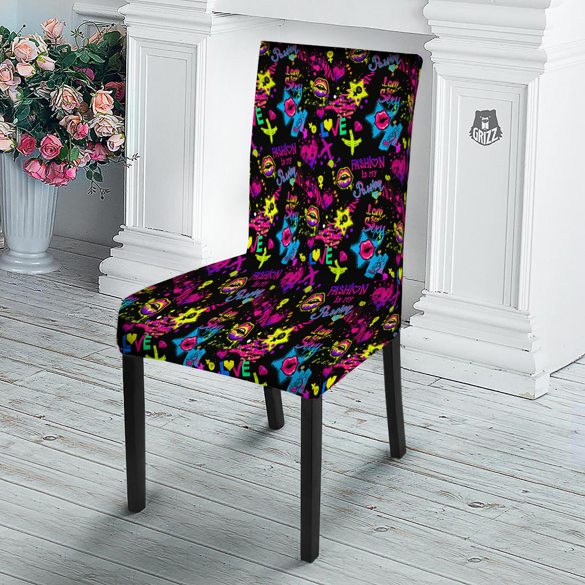 Abstract Graffiti Girlish Spray Paint Print Pattern Dining Chair Slipcover-grizzshop