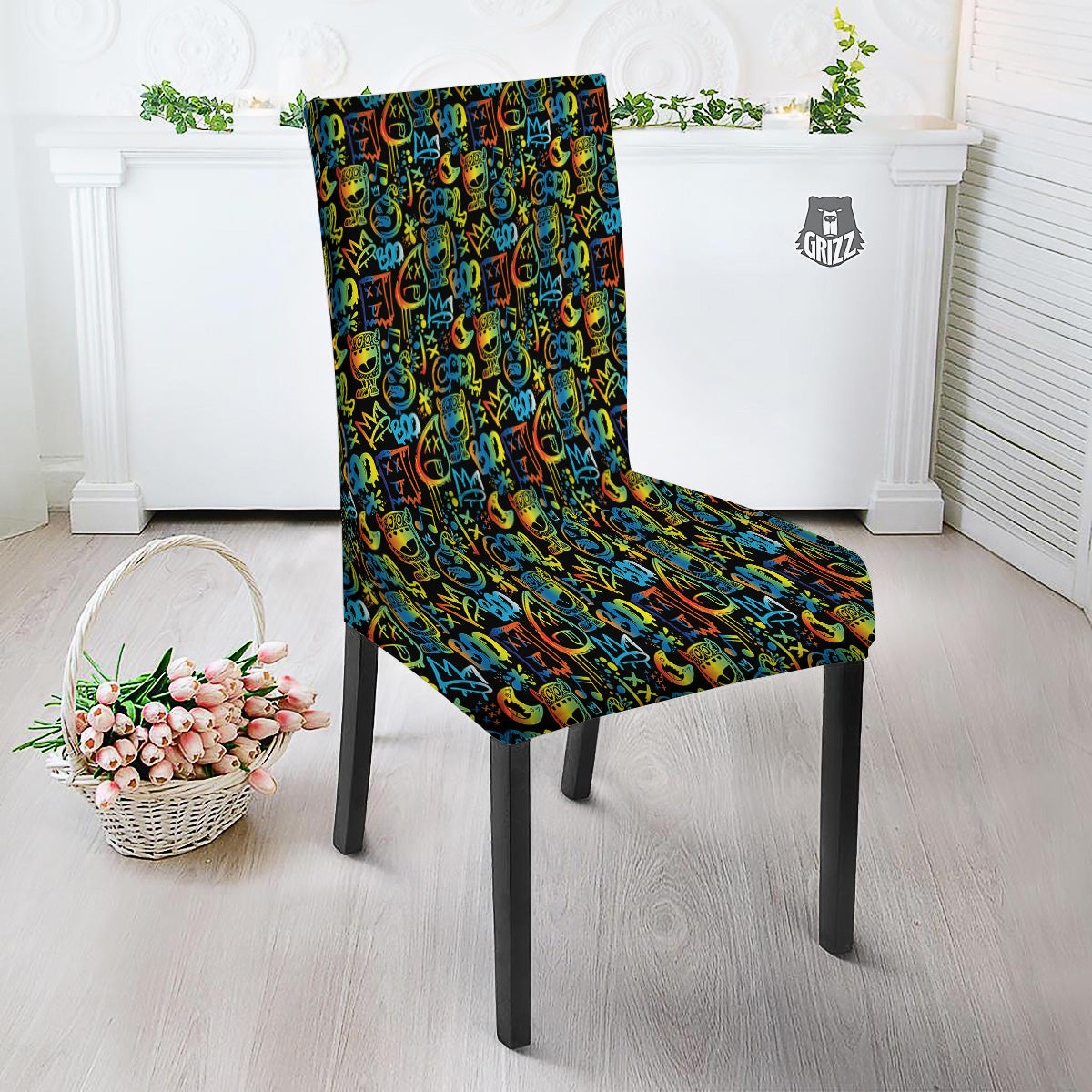 Abstract Graffiti Neon Monsters Print Pattern Dining Chair Slipcover-grizzshop