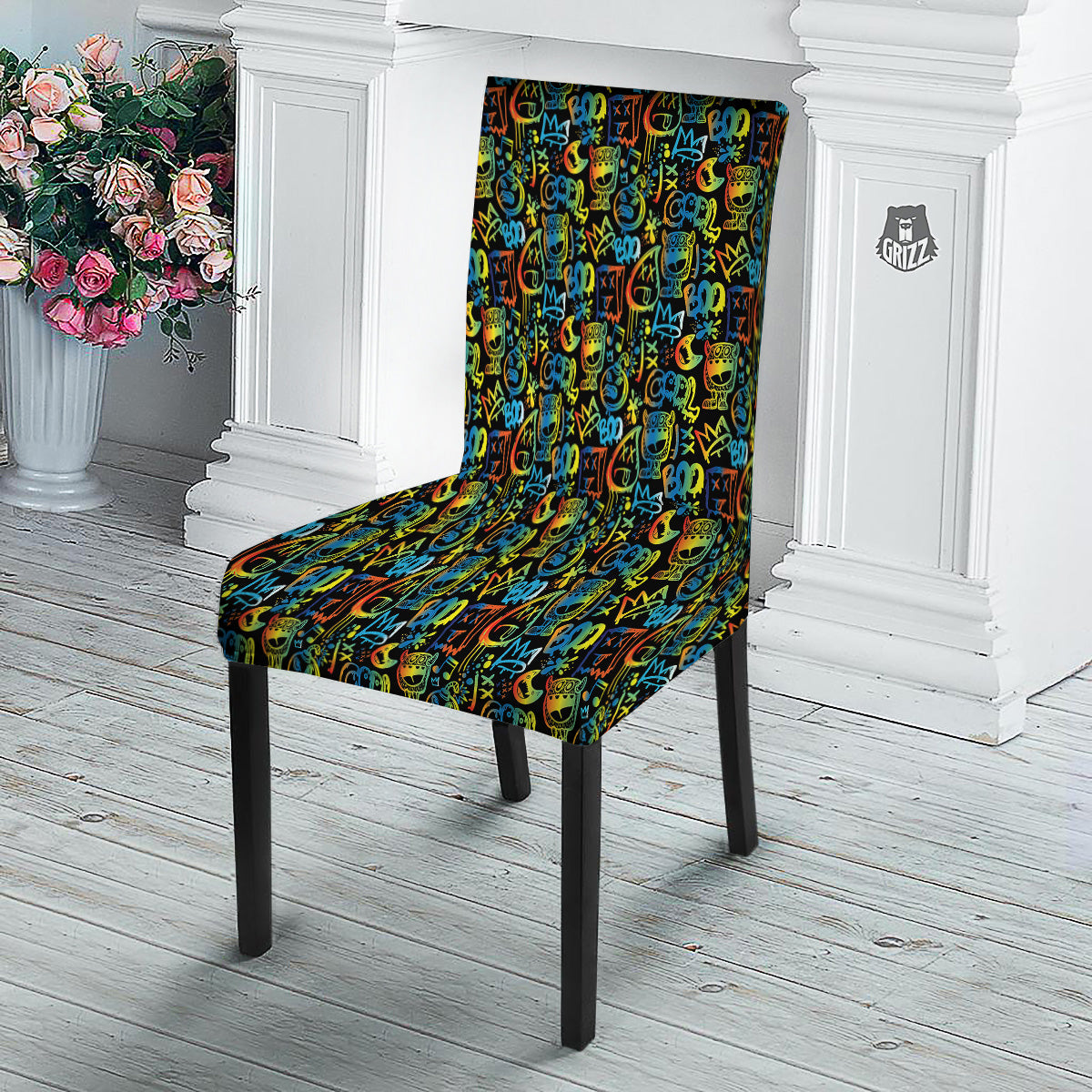 Abstract Graffiti Neon Monsters Print Pattern Dining Chair Slipcover-grizzshop
