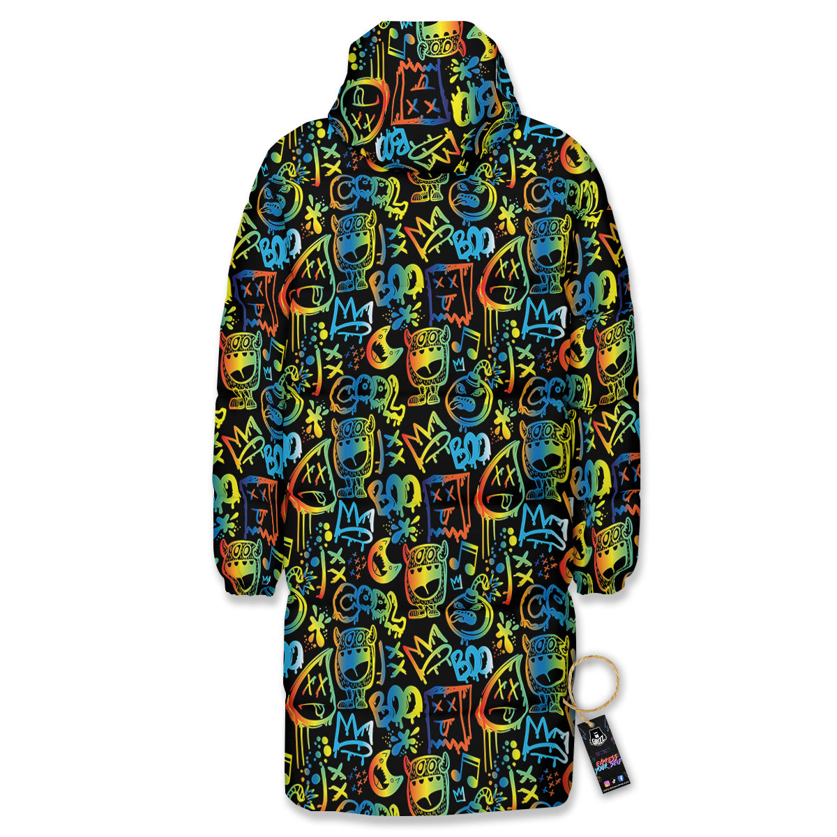 Abstract Graffiti Neon Monsters Print Pattern Long Down Jacket-grizzshop