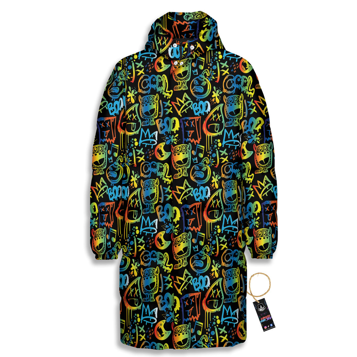 Abstract Graffiti Neon Monsters Print Pattern Long Down Jacket-grizzshop