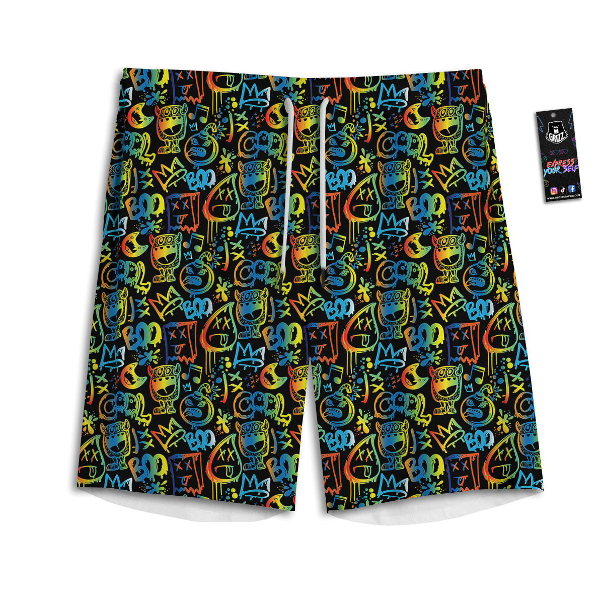 Abstract Graffiti Neon Monsters Print Pattern Men's Athletic Shorts