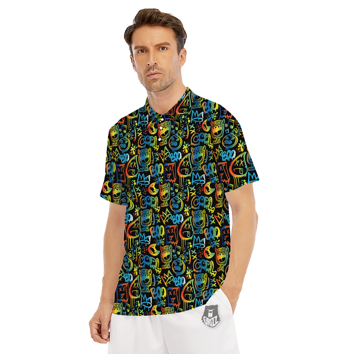 Abstract Graffiti Neon Monsters Print Pattern Men's Golf Shirts-grizzshop