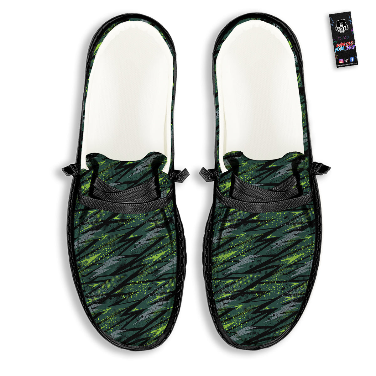Abstract Green Lightning Print Pattern Black Loafers-grizzshop