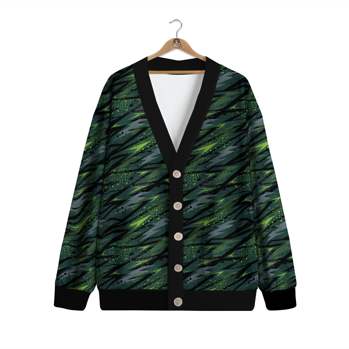 Abstract Green Lightning Print Pattern Cardigan-grizzshop