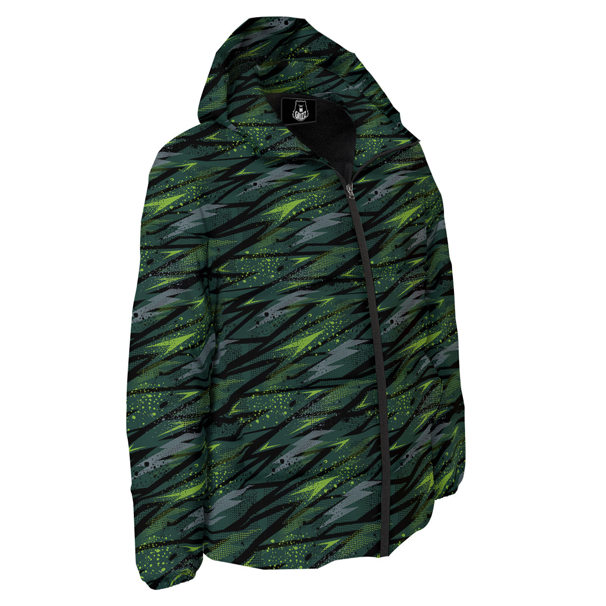 Abstract Green Lightning Print Pattern Down Jacket-grizzshop
