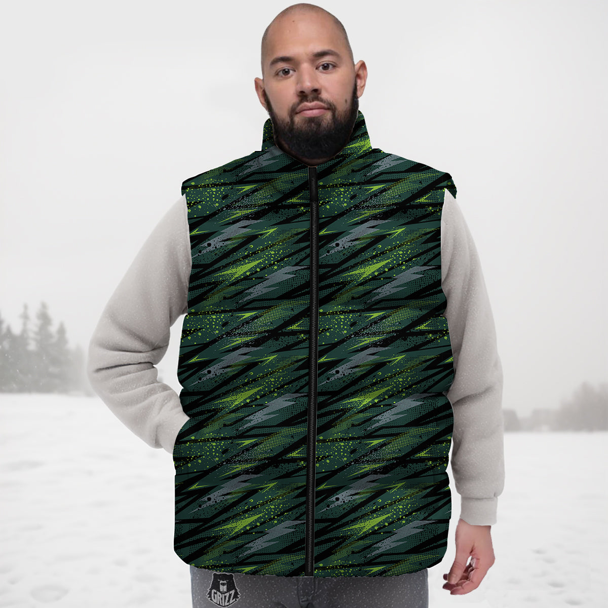 Abstract Green Lightning Print Pattern Down Vest-grizzshop