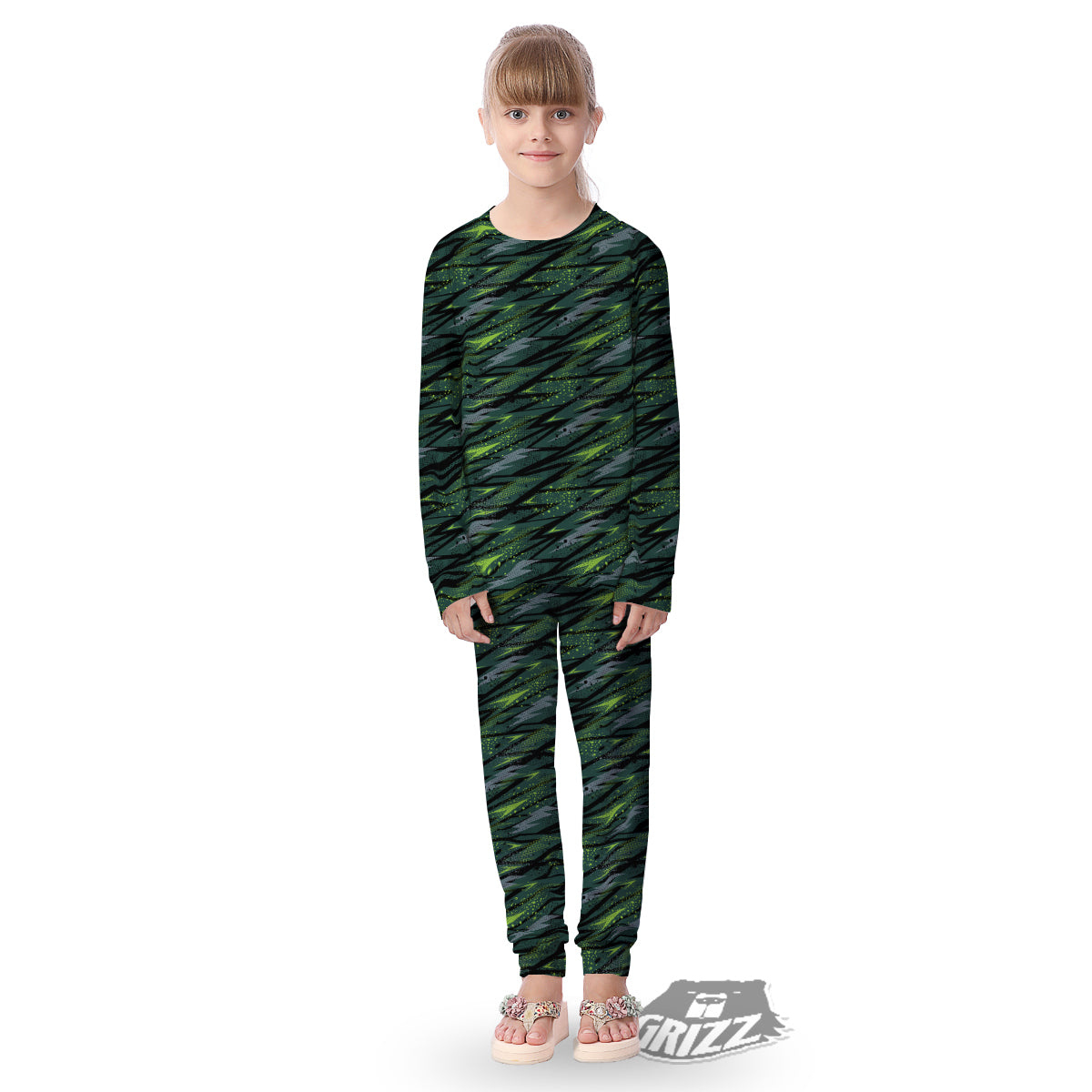 Abstract Green Lightning Print Pattern Kid's Pajamas-grizzshop