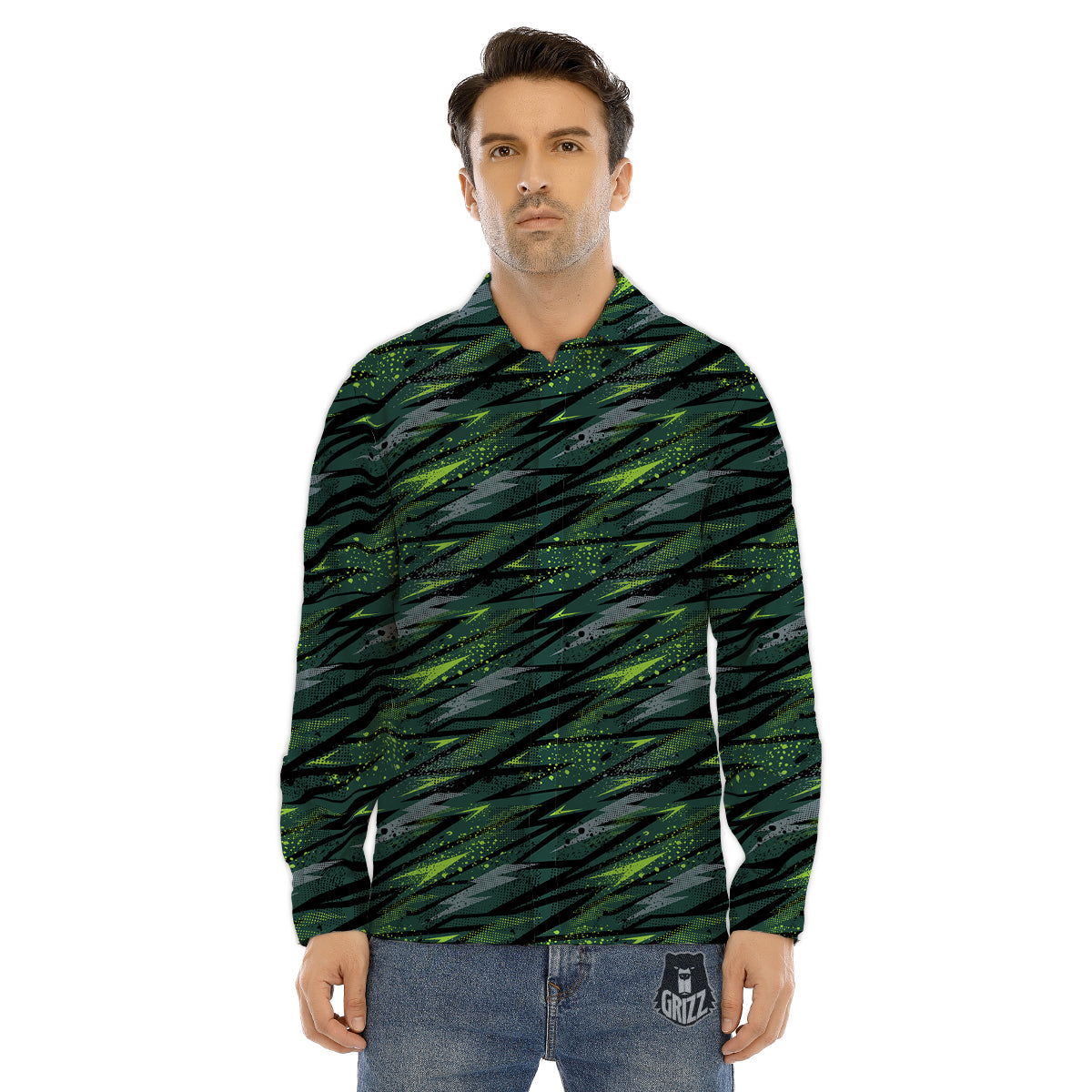 Abstract Green Lightning Print Pattern Men's Dress Shirts-grizzshop