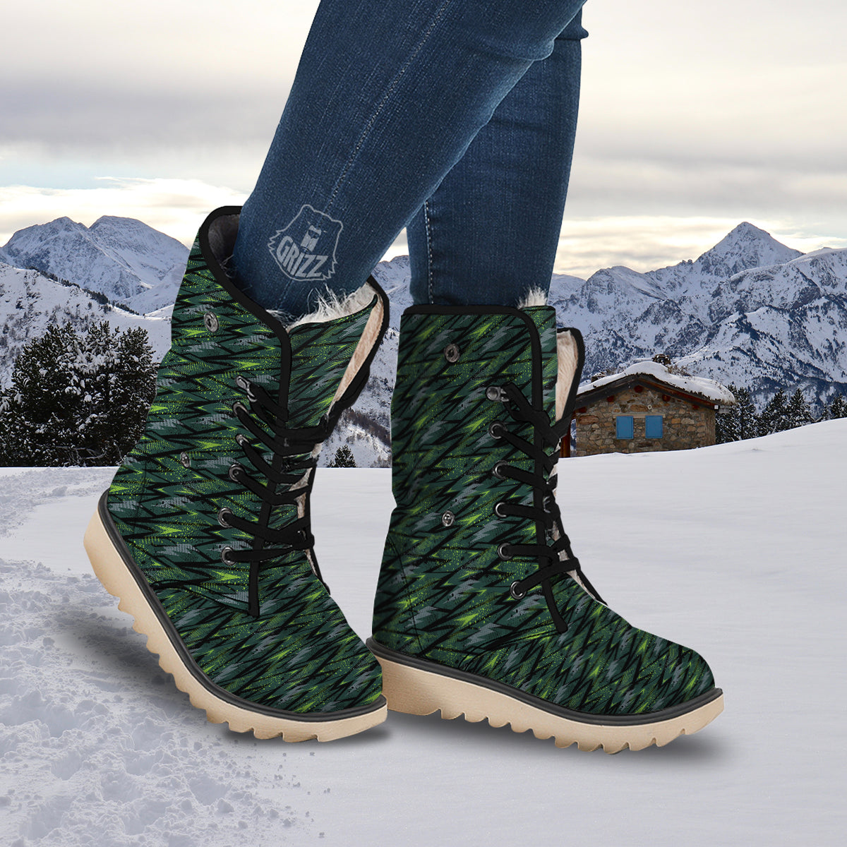 Abstract Green Lightning Print Pattern Snow Boots-grizzshop