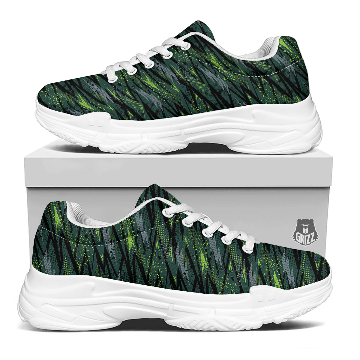 Abstract Green Lightning Print Pattern White Chunky Shoes-grizzshop