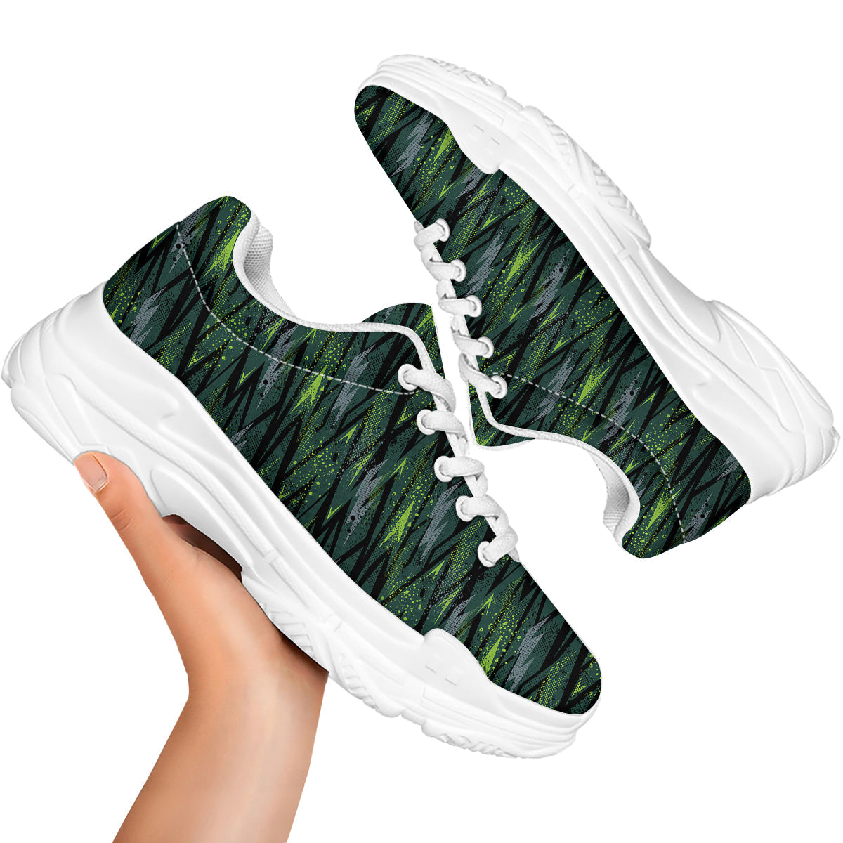 Abstract Green Lightning Print Pattern White Chunky Shoes-grizzshop