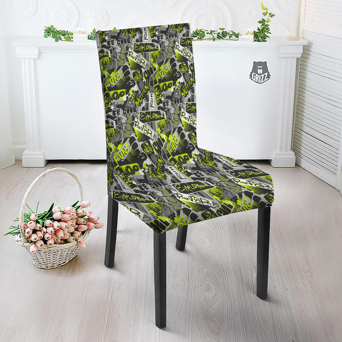 Abstract Grey And Neon Green Graffiti Print Pattern Dining Chair Slipcover-grizzshop