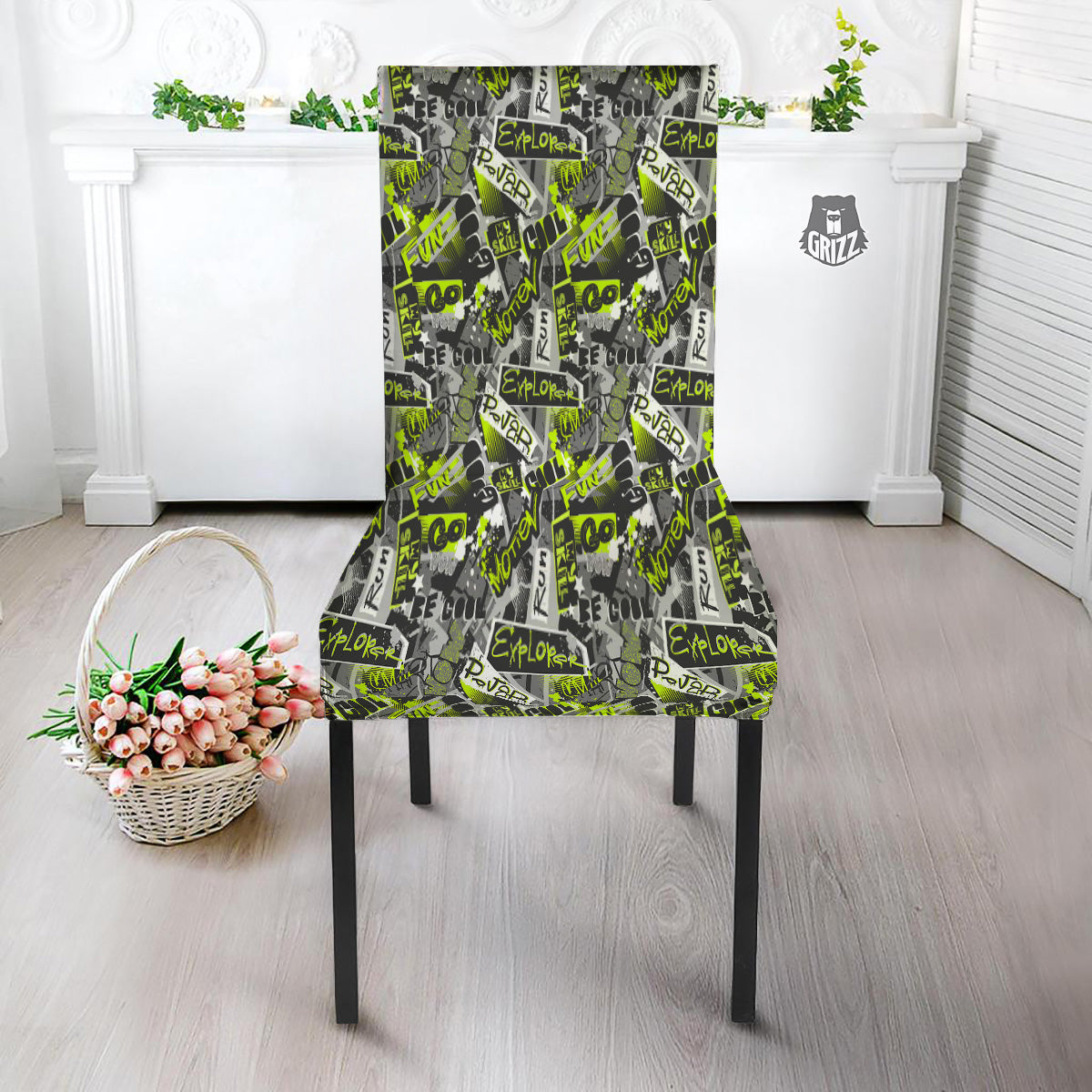 Abstract Grey And Neon Green Graffiti Print Pattern Dining Chair Slipcover-grizzshop