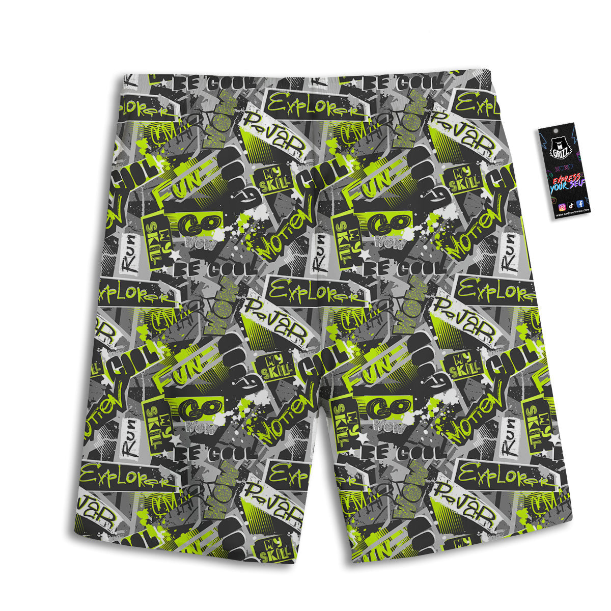 Abstract Grey And Neon Green Graffiti Print Pattern Men's Athletic Shorts