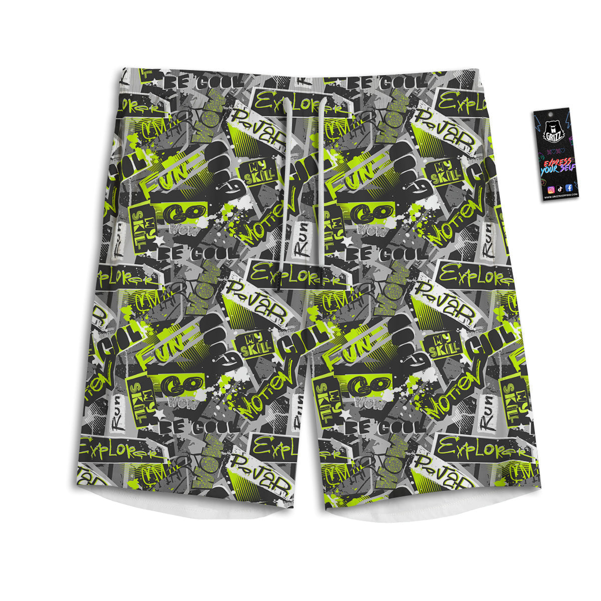 Abstract Grey And Neon Green Graffiti Print Pattern Men's Athletic Shorts
