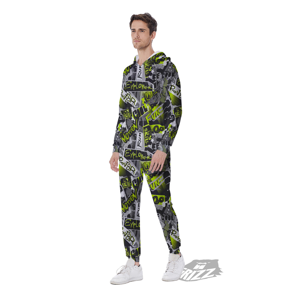 Abstract Grey And Neon Green Graffiti Print Pattern Men's Jumpsuit-grizzshop