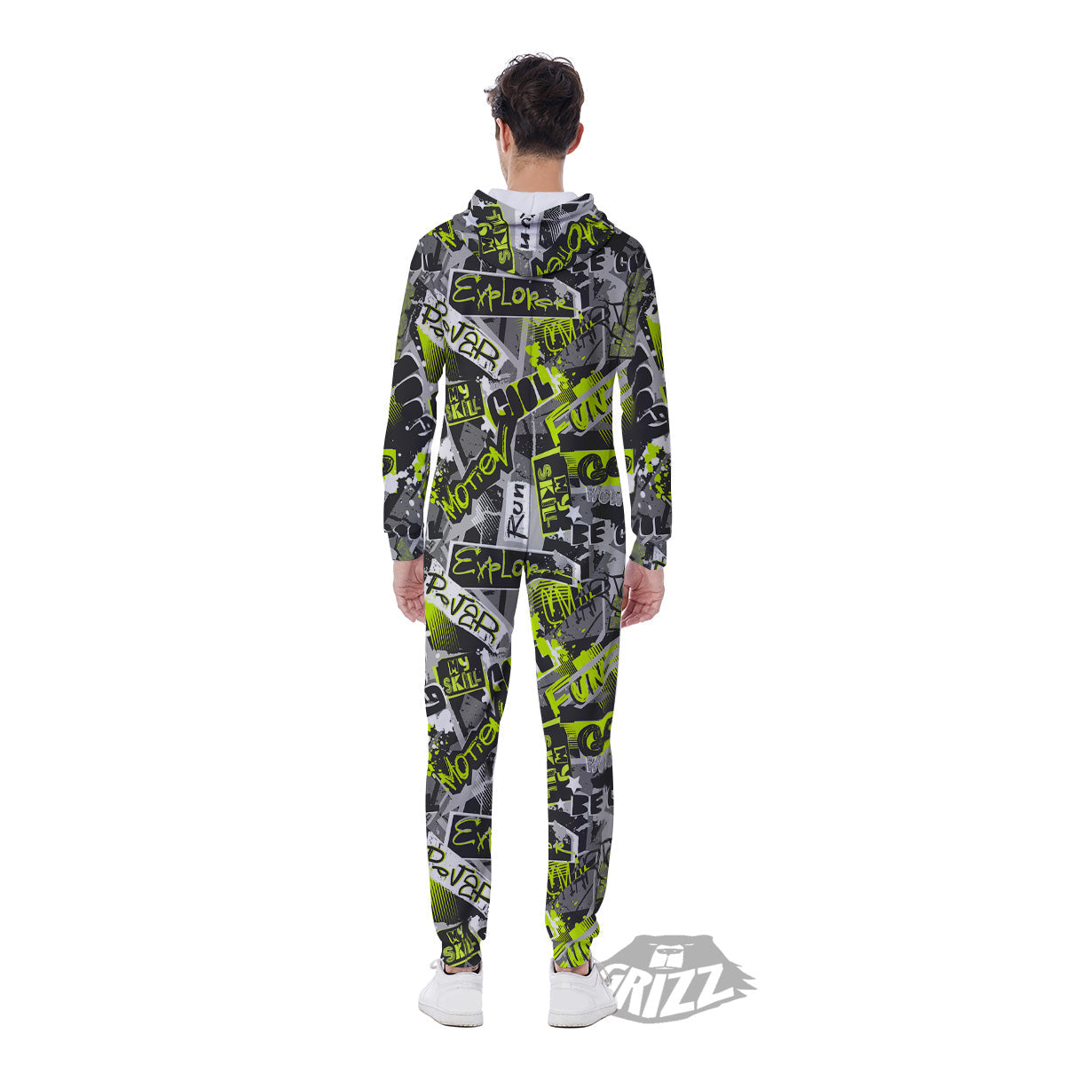 Abstract Grey And Neon Green Graffiti Print Pattern Men's Jumpsuit-grizzshop