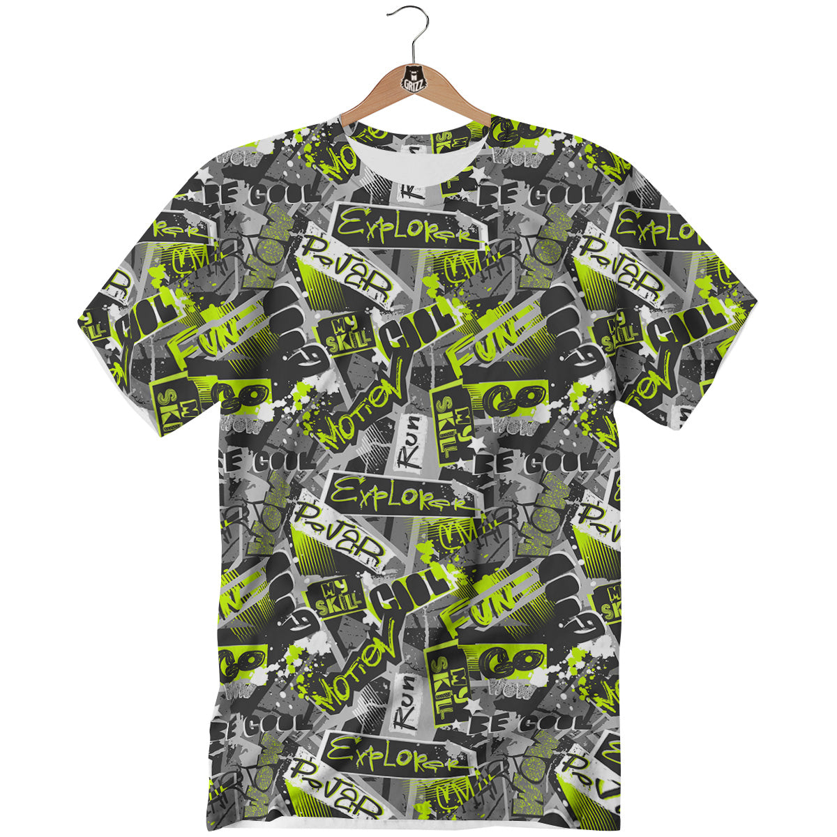 Abstract Grey And Neon Green Graffiti Print Pattern T-Shirt-grizzshop