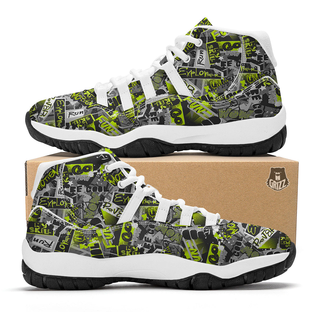 Abstract Grey And Neon Green Graffiti Print Pattern White Bball Shoes-grizzshop