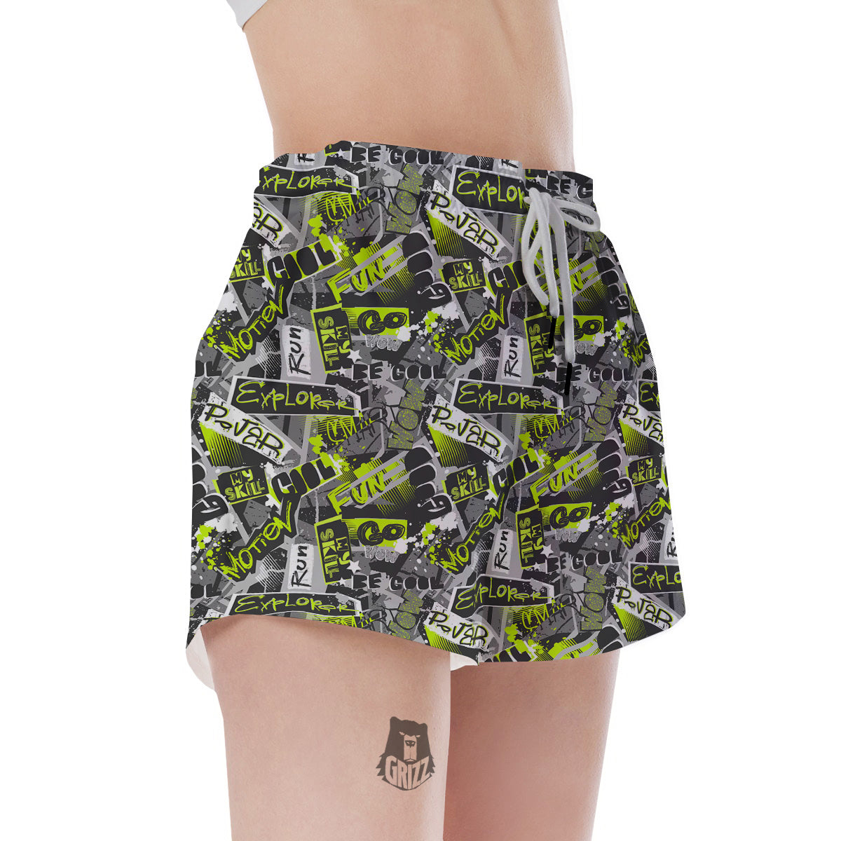 Abstract Grey And Neon Green Graffiti Print Pattern Women's Shorts-grizzshop
