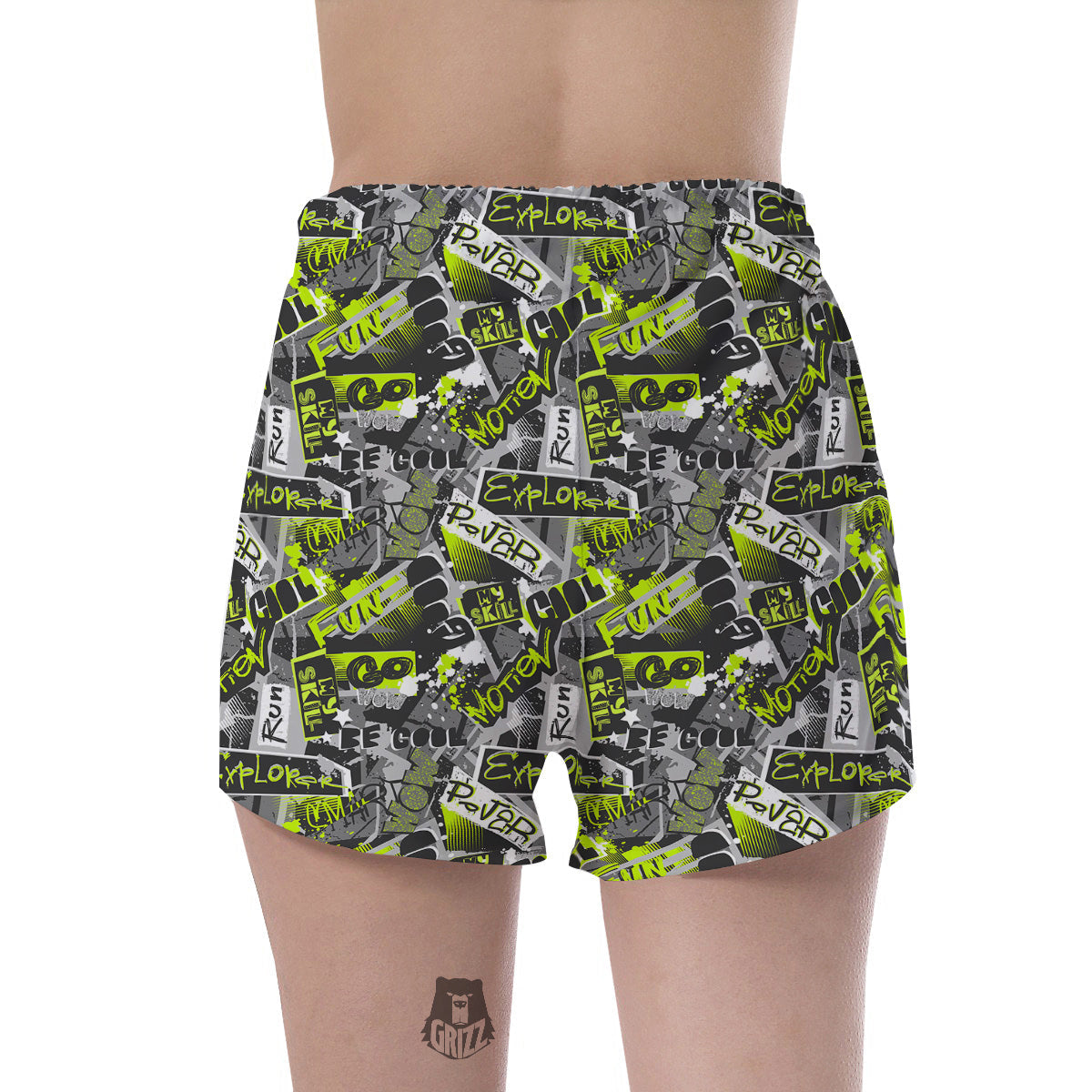 Abstract Grey And Neon Green Graffiti Print Pattern Women's Shorts-grizzshop