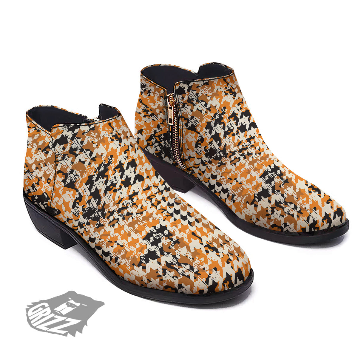 Abstract Grunge Houndstooth Camo Print Pattern Ankle Boots-grizzshop