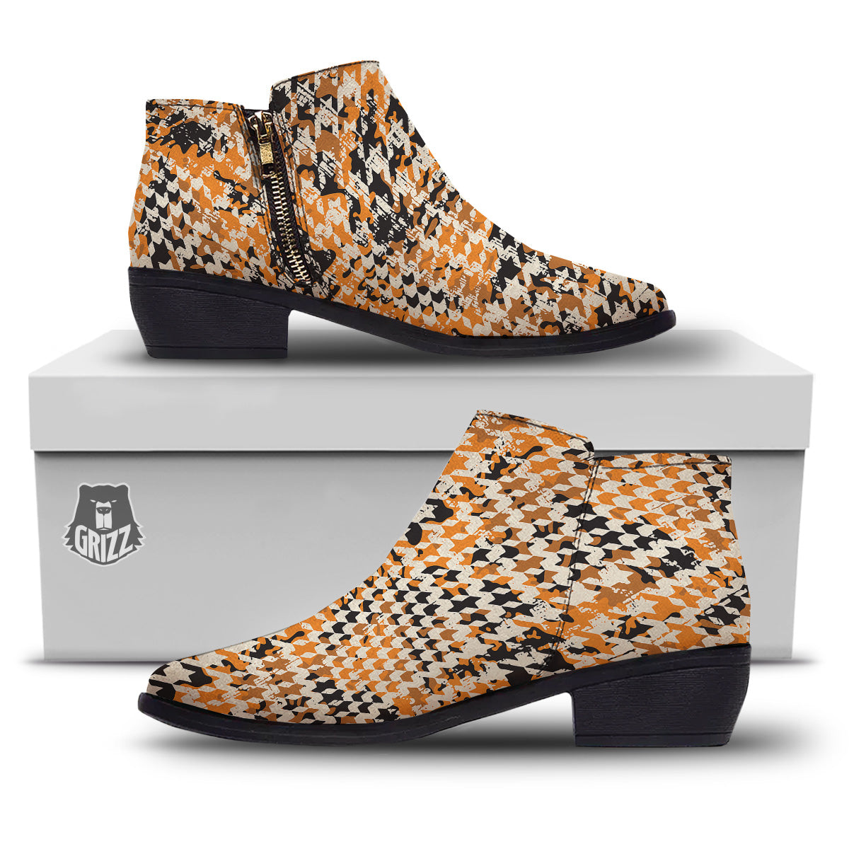 Abstract Grunge Houndstooth Camo Print Pattern Ankle Boots-grizzshop