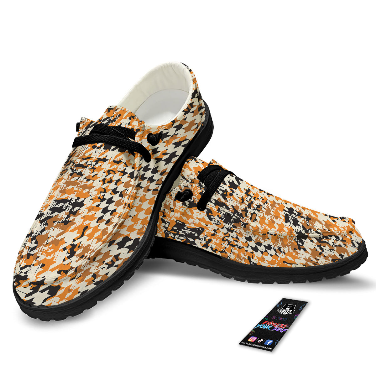 Abstract Grunge Houndstooth Camo Print Pattern Black Loafers-grizzshop
