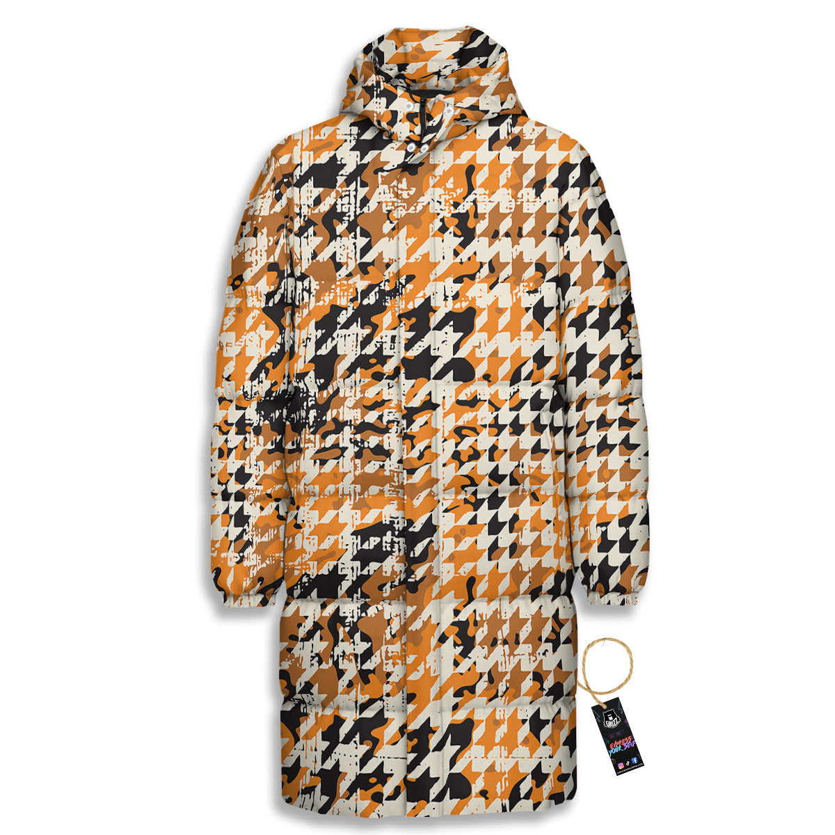 Abstract Grunge Houndstooth Camo Print Pattern Long Down Jacket-grizzshop