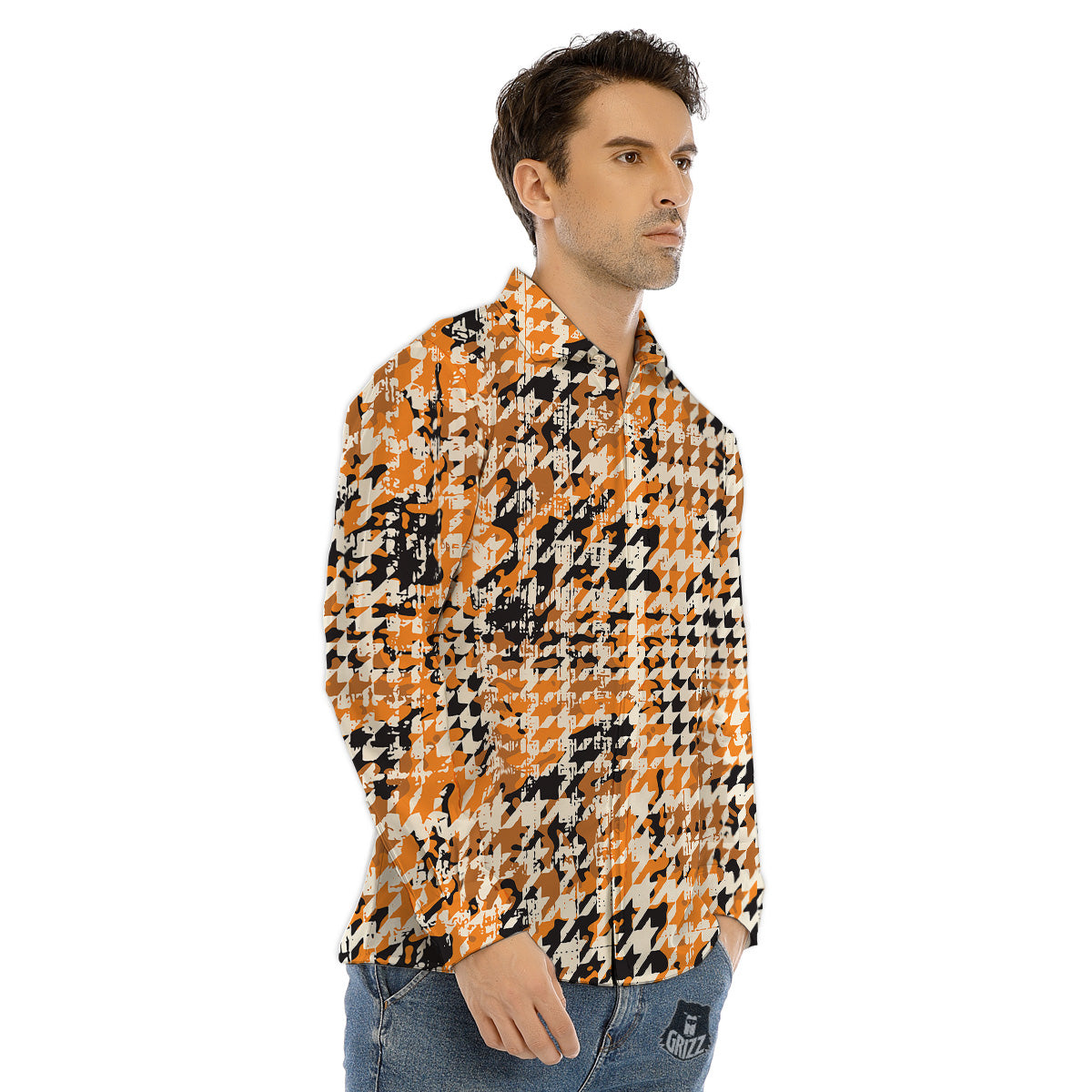 Abstract Grunge Houndstooth Camo Print Pattern Men's Dress Shirts-grizzshop