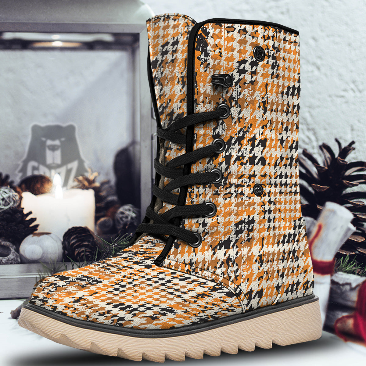 Abstract Grunge Houndstooth Camo Print Pattern Snow Boots-grizzshop