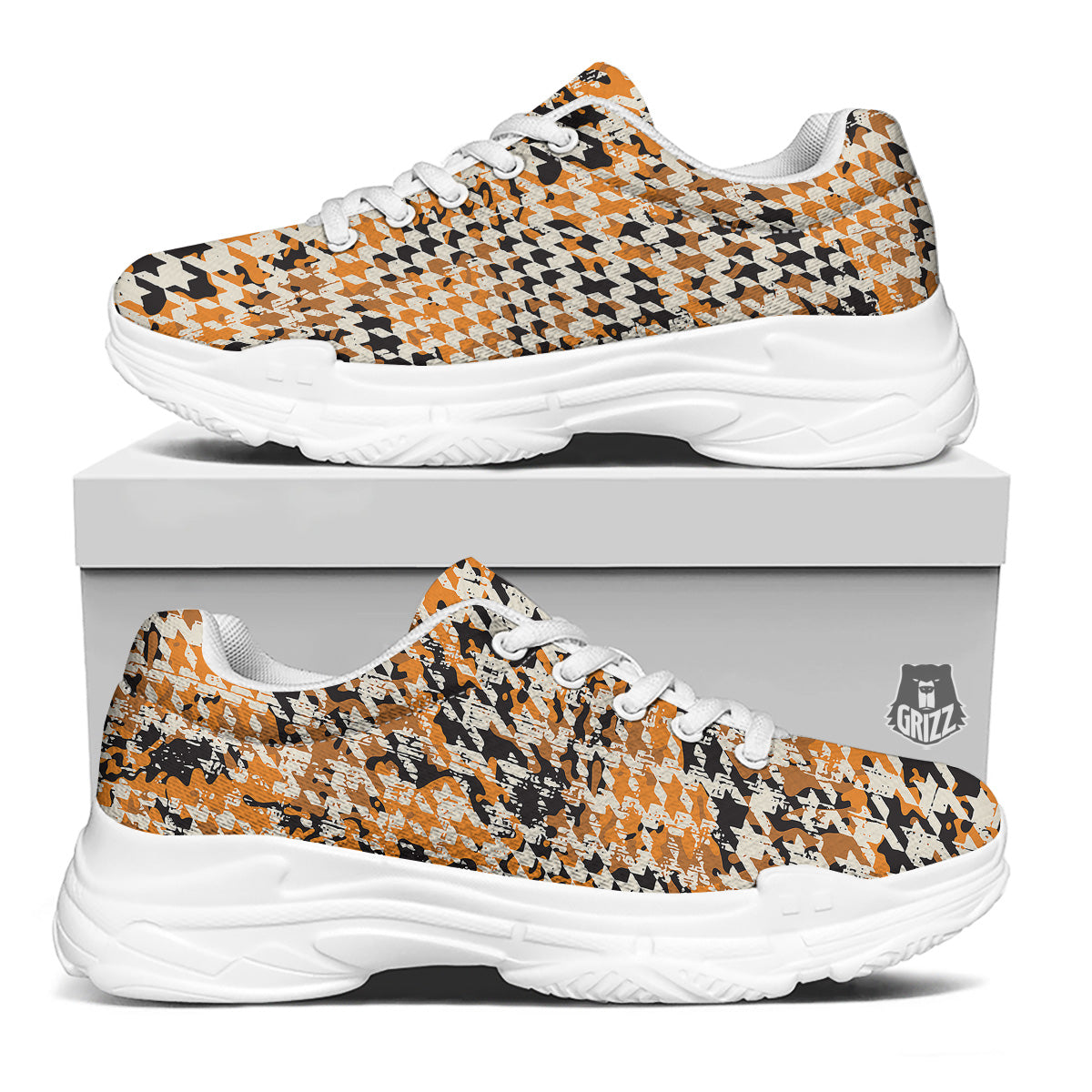 Abstract Grunge Houndstooth Camo Print Pattern White Chunky Shoes-grizzshop