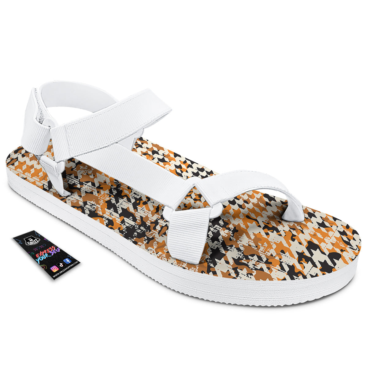 Abstract Grunge Houndstooth Camo Print Pattern White Open Toe Sandals-grizzshop