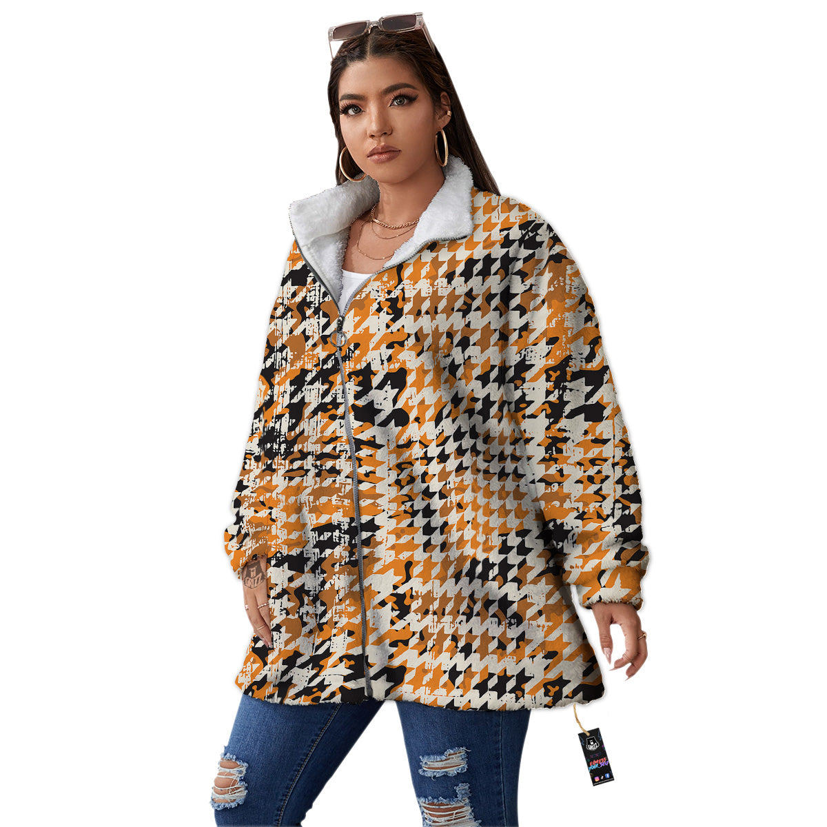 Abstract Grunge Houndstooth Camo Print Pattern Women's Sherpa Jacket-grizzshop
