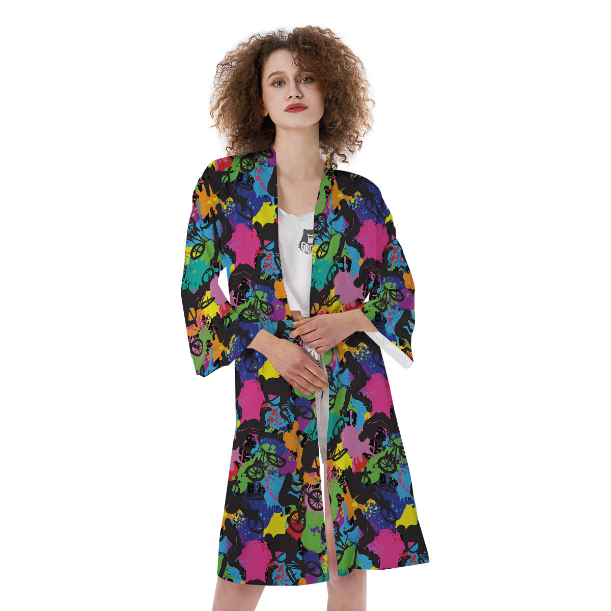 Abstract Grunge Urban Colorful Bicycle Print Pattern Kimono-grizzshop