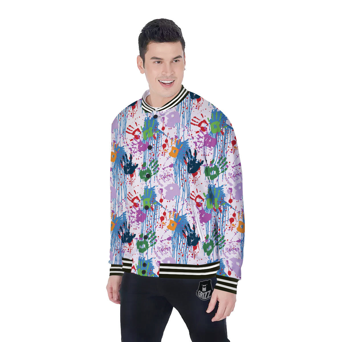Abstract Hand Prints Colorful Print Pattern Baseball Jacket-grizzshop