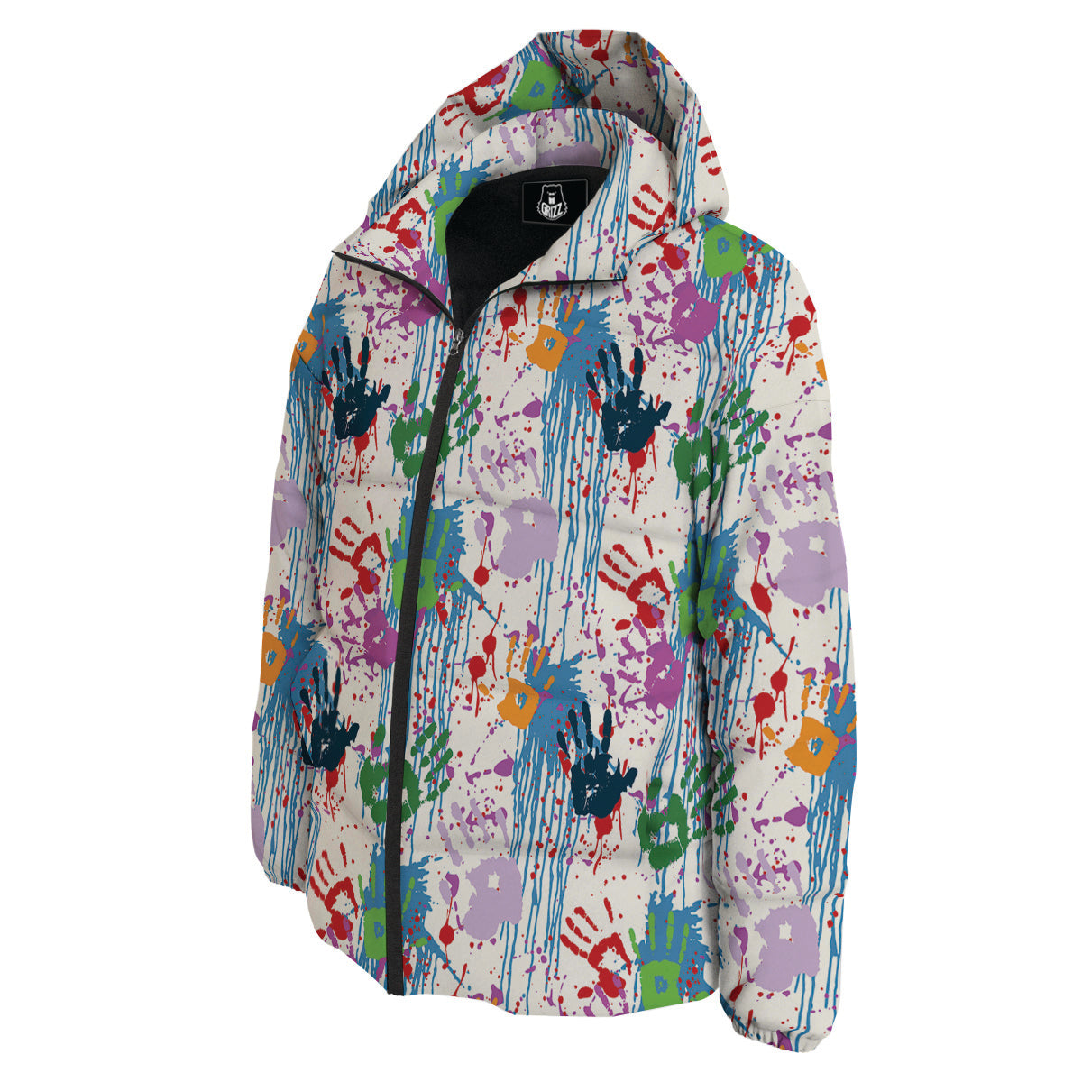 Abstract Hand Prints Colorful Print Pattern Down Jacket-grizzshop