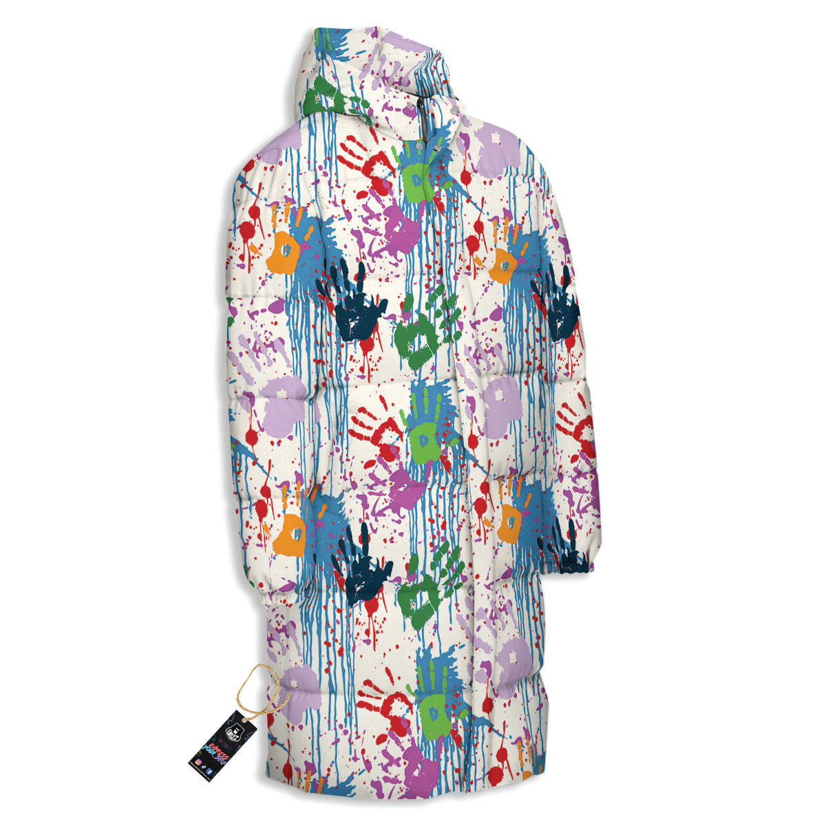 Abstract Hand Prints Colorful Print Pattern Long Down Jacket-grizzshop