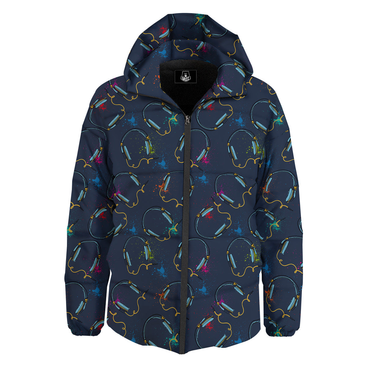 Abstract Headphone Blue Print Pattern Down Jacket-grizzshop