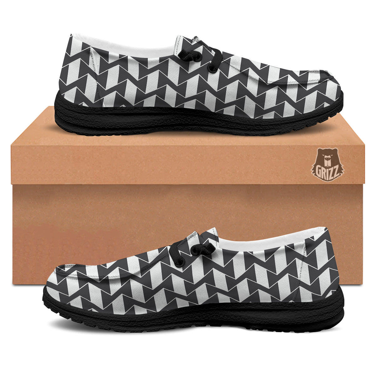 Abstract Heometric Zigzag Print Pattern Black Loafers-grizzshop