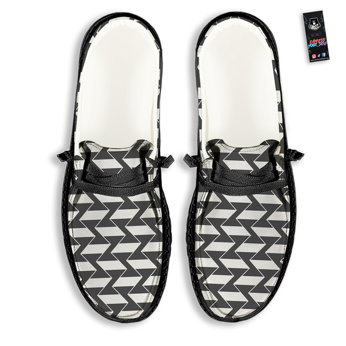 Abstract Heometric Zigzag Print Pattern Black Loafers-grizzshop