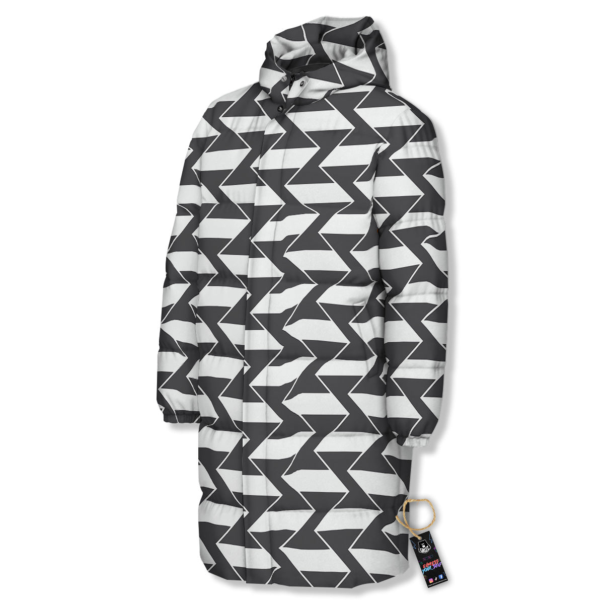 Abstract Heometric Zigzag Print Pattern Long Down Jacket-grizzshop