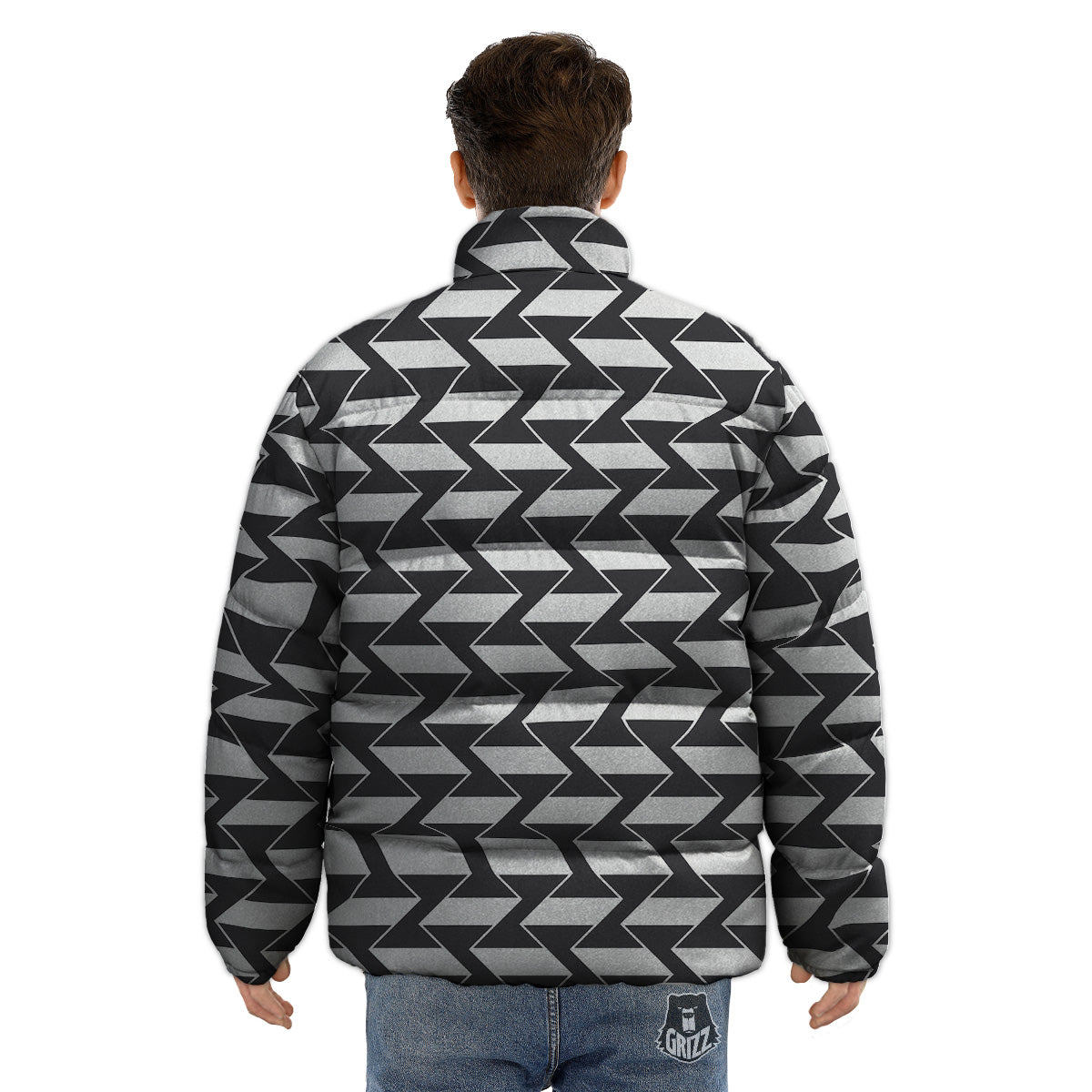 Abstract Heometric Zigzag Print Pattern Puffer Jacket-grizzshop