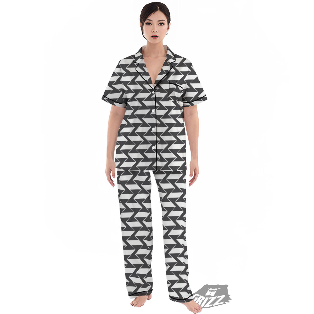Abstract Heometric Zigzag Print Pattern Women's Pajamas Set-grizzshop