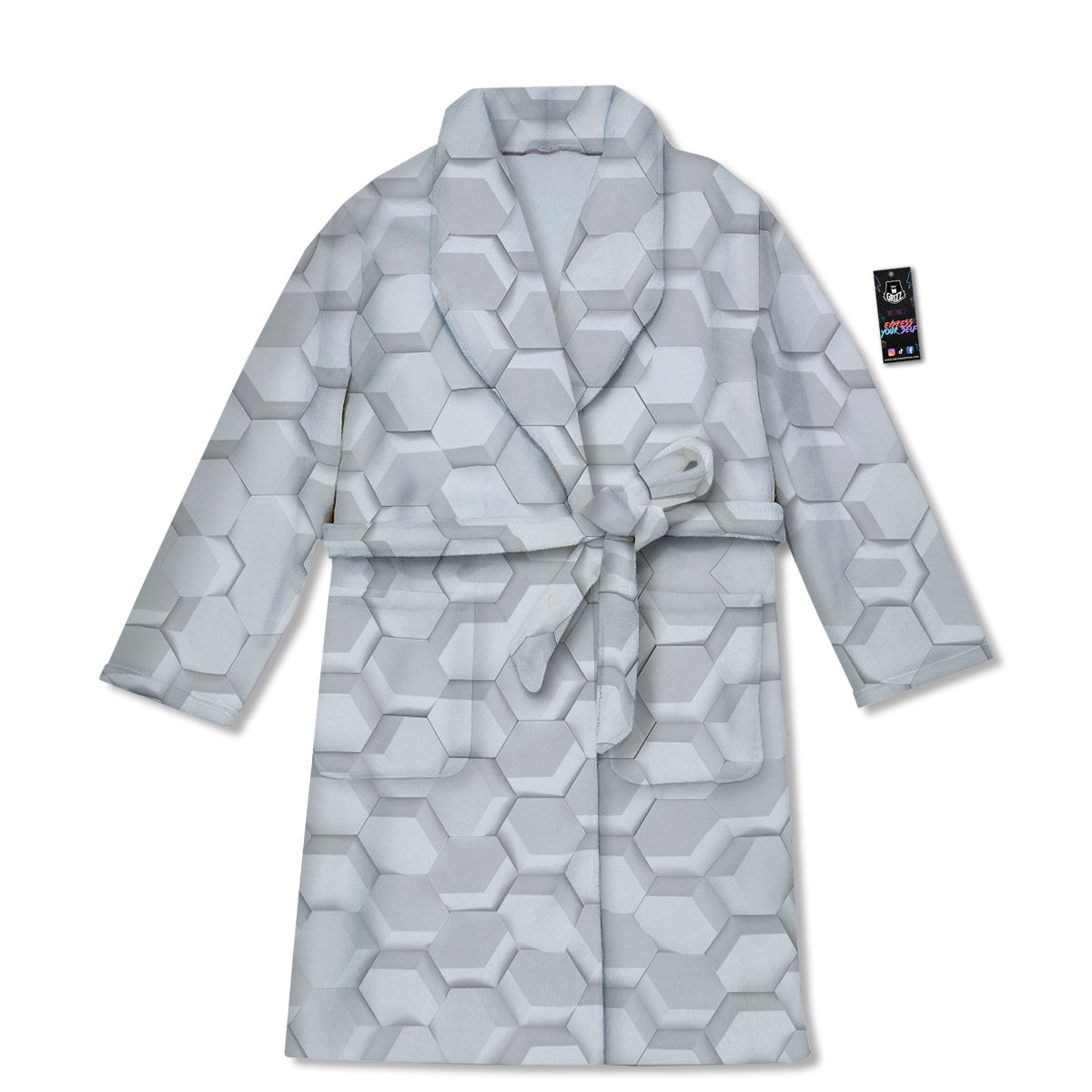 Abstract Hexagonal White 3D Print Pattern Bathrobe-grizzshop