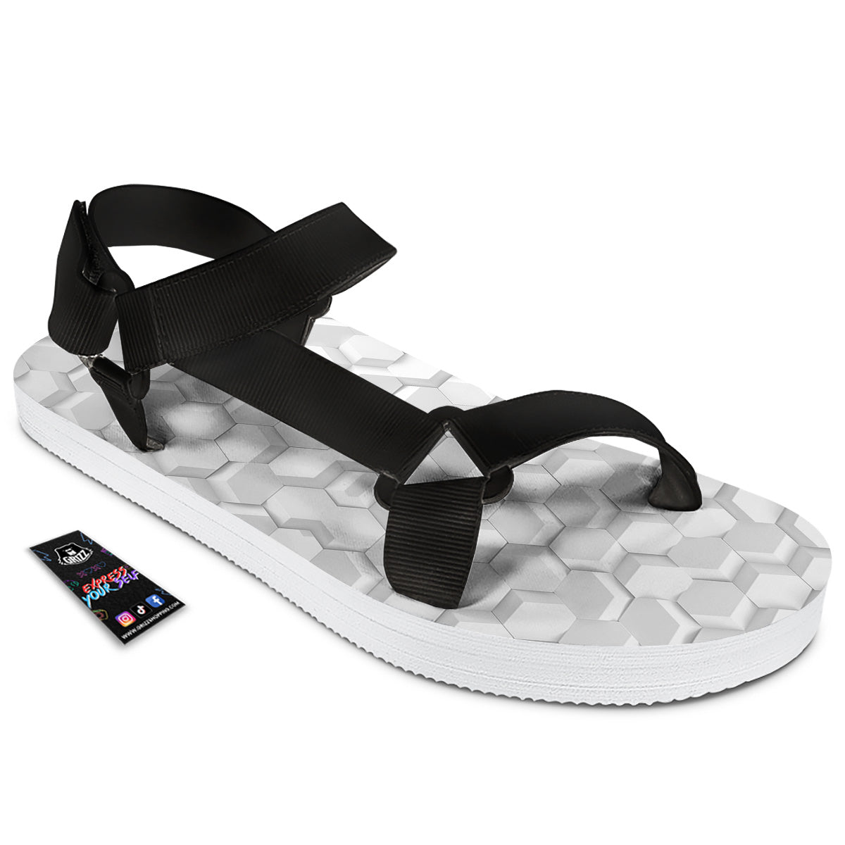 Abstract Hexagonal White 3D Print Pattern Black Open Toe Sandals-grizzshop