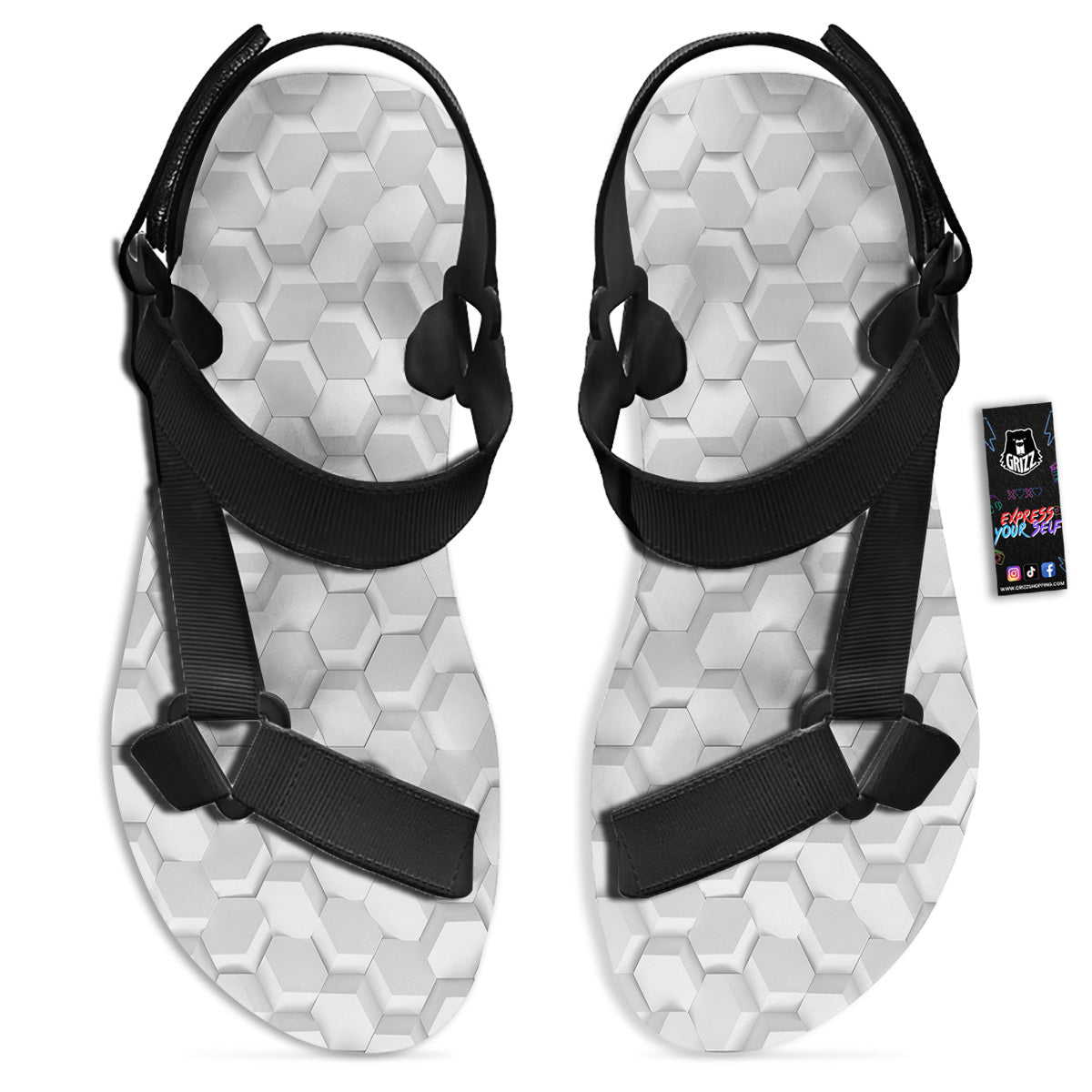 Abstract Hexagonal White 3D Print Pattern Black Open Toe Sandals-grizzshop